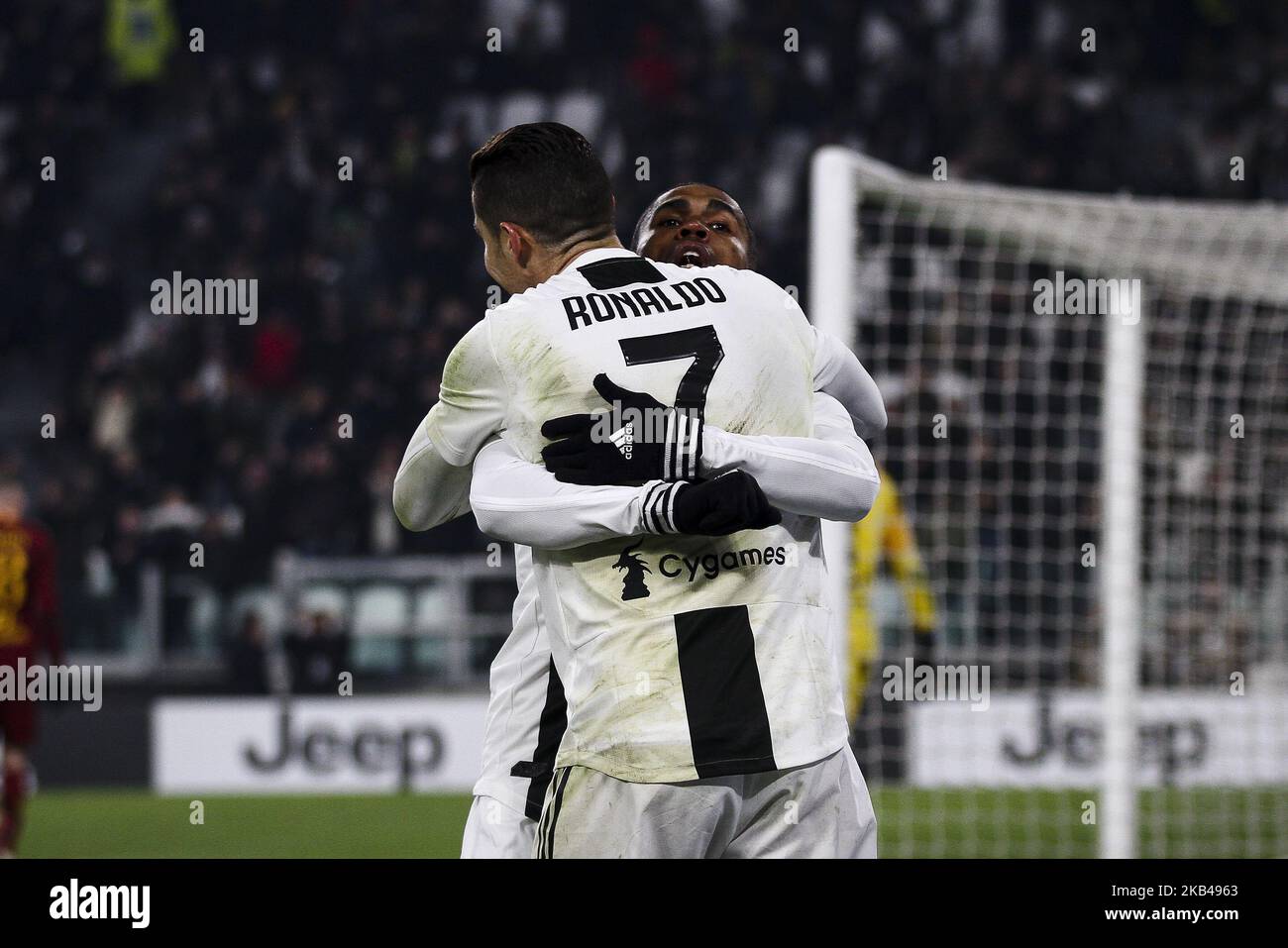 Juventus forward Douglas Costa (11) and Juventus forward Cristiano Ronaldo (7) during the Serie A football match n.17 JUVENTUS - ROMA on 22/12/2018 at the Allianz Stadium in Turin, Italy. (Photo by Matteo Bottanelli/NurPhoto) Stock Photo