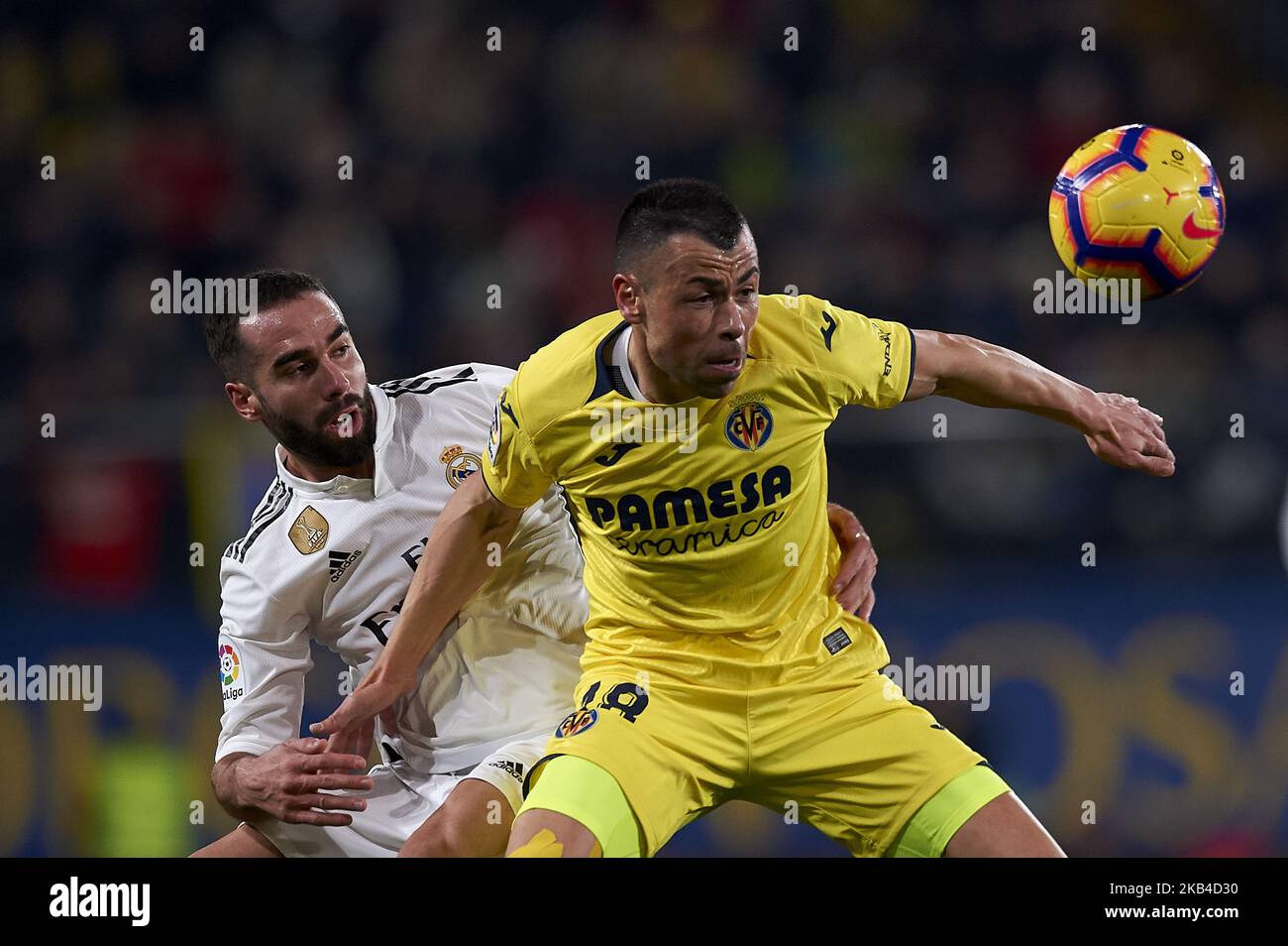 Daniel Carvajal of Real Madrid and Javi Fuego of Villarreal competes for the ball during the week 17 of La Liga match between Villarreal CF and Real Madrid at Ceramica Stadium in Villarreal, Spain on January 3 2019. (Photo by Jose Breton/NurPhoto) Stock Photo