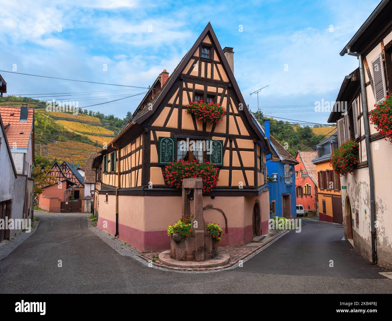 Niedermorschwihr, France - October 11, 2022: Traditional historical house in Alscace with half-timbred wooden structure Stock Photo