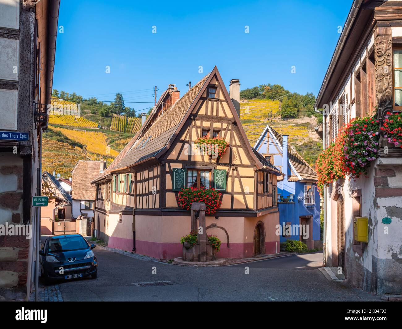 Niedermorschwihr, France - October 11, 2022: Traditional historical house in Alscace with half-timbred wooden structure Stock Photo