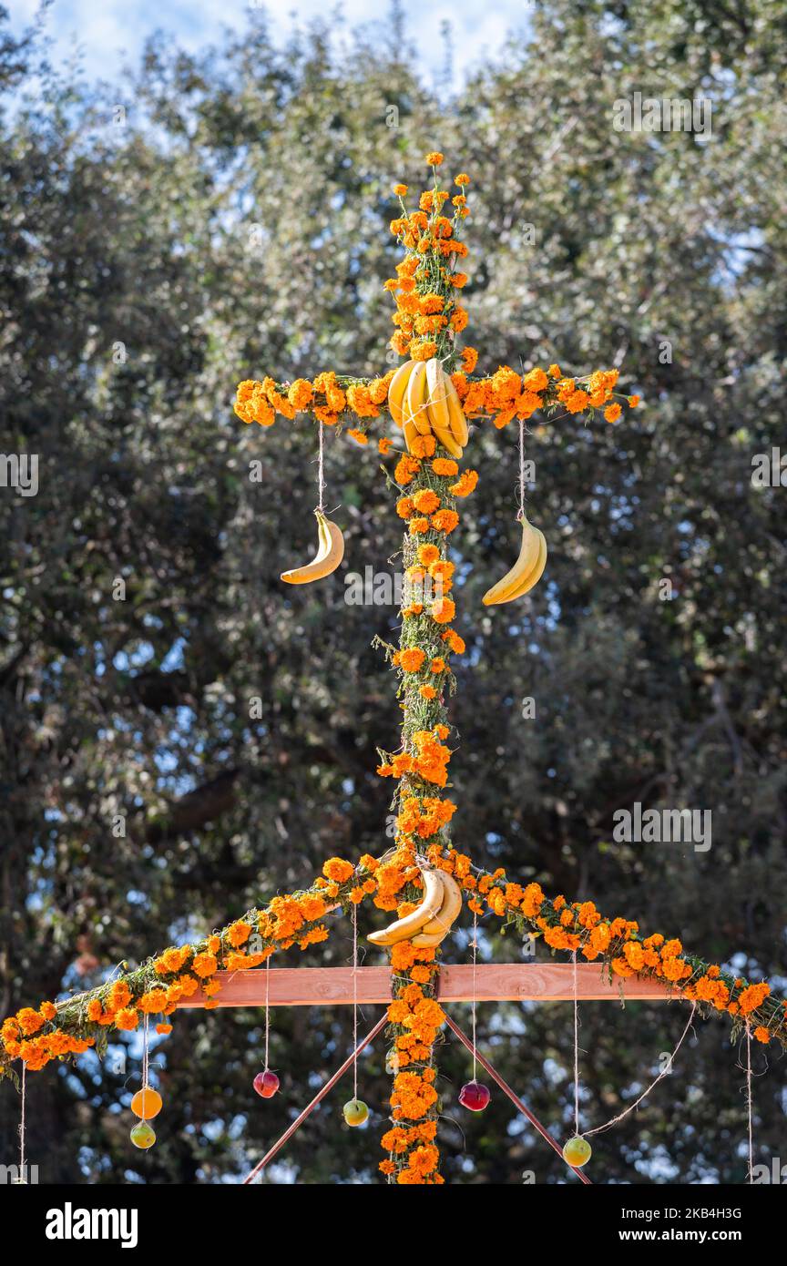 Photo of cross decorated with orange marigolds and bananas for a Dia de los Muertos (Day of the Dead) festival. Stock Photo