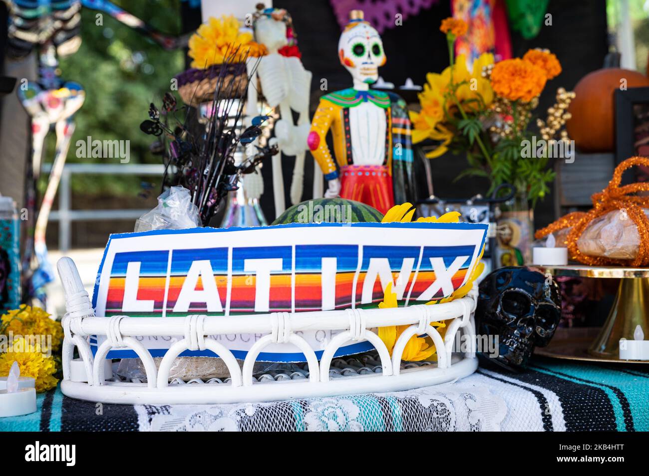 A gender-inclusive Latinx sign is part of a colorful Dia de los Muertos (Day of the Dead) altar display. Stock Photo