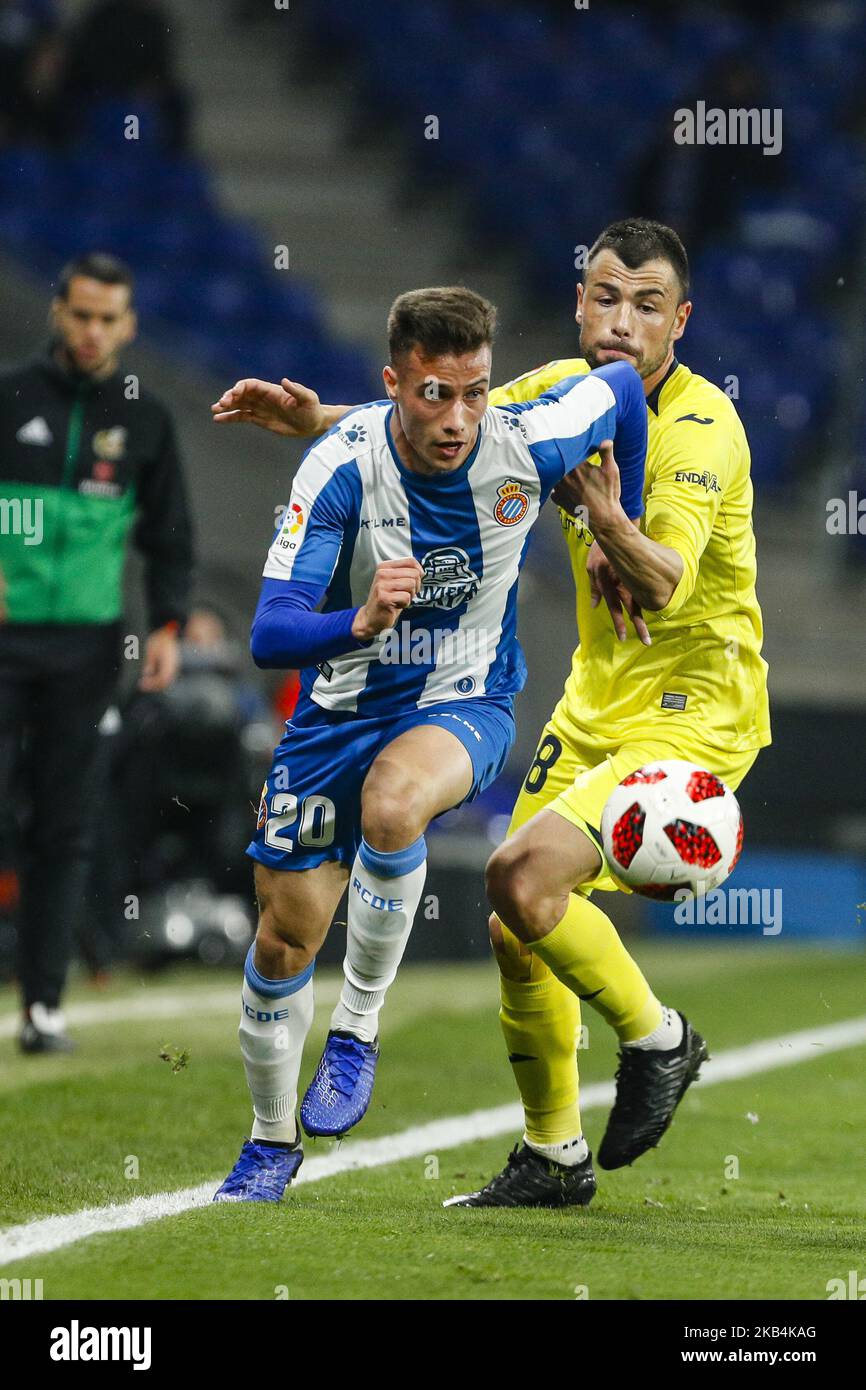Javi Puado (20) of RCD Espanyol and Javi Fuego (18) of Villarreal CF during the match RCD Espanyol v Villarreal CF, for the round of 16 of the Copa del Rey played at Camp Nou on January 17, 2019 in Barcelona, Spain. (Photo by Mikel Trigueros/Urbanandsport / NurPhoto) Stock Photo