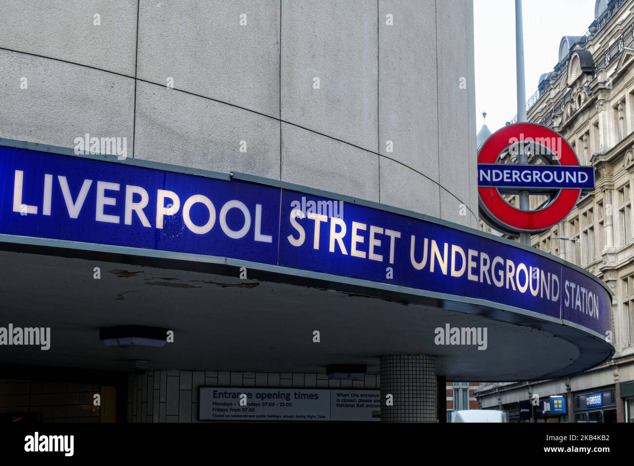 Entrance to Liverpool Street underground, tube station roundel sign London England United Kingdom UK Stock Photo