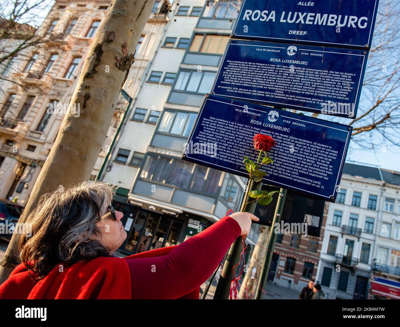 January 19th, Brussels. People gathered in Brussels to commemorate the 100th anniversary of the murder of the communist writer, pacifist, and radical inspiration Rosa Luxemburg and Karl Liebknecht. The meeting took place at the crossroads of l'Avenue de Stalingrad and Place Rouppe, where there is a plaque dedicated to the memory of Rosa Luxemburg. (Photo by Romy Arroyo Fernandez/NurPhoto) Stock Photo