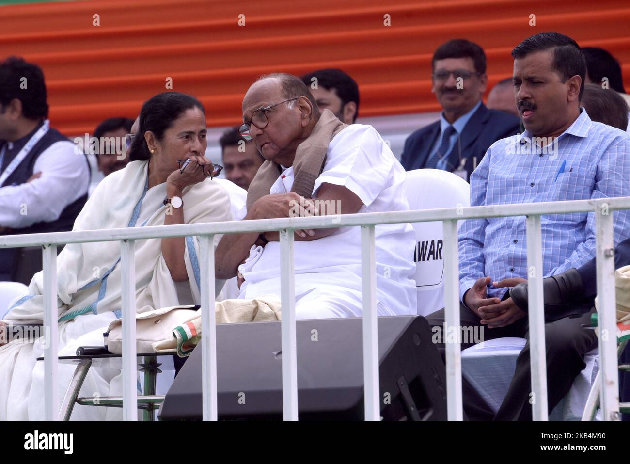 Mamata Banerjee Chief Minister of West Bengal and Chief of AITMC Political Party taking with NCP's Sharad Pawar and Delhi CM Arvind Kejriwal present during a rally attended by leaders from major Indian opposition parties in Kolkata, India, Saturday, Jan. 19, 2019. The rally has been attended by the leaders of twenty-two national and regional parties who oppose the ruling Bharatiya Janata Party (BJP) government. (Photo by Debajyoti Chakraborty/NurPhoto) Stock Photo