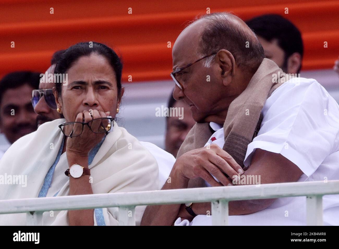 AITMC Chief and Bengal CM Mamata Banerjee and NCP chief Sharad Pawar during a rally attended by leaders from major Indian opposition parties in Kolkata, India, Saturday, Jan. 19, 2019. The rally has been attended by the leaders of twenty-two national and regional parties who oppose the ruling Bharatiya Janata Party (BJP) government. (Photo by Debajyoti Chakraborty/NurPhoto) Stock Photo