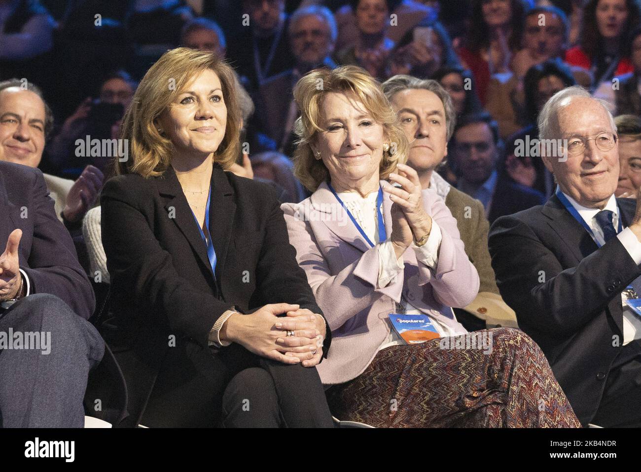 María Dolores de Cospedal and Esperanza Aguirre wave the crown upon their arrival in the closing day of the national convention of the party at IFEMA Convention and Congress Center in Madrid, Spain, 20 January 2019. The three-day congress, running until 20 January, was organized to look for an 'ideological rearmament' (Photo by Oscar Gonzalez/NurPhoto) Stock Photo