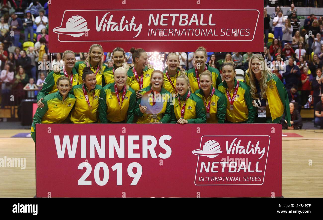 Australia winning Team During Netball Quad Series Vitality Netball International match between England and Australia at Copper Box Arena on January 20, 2019 in London, England. (Photo by Action Foto Sport/NurPhoto)  Stock Photo