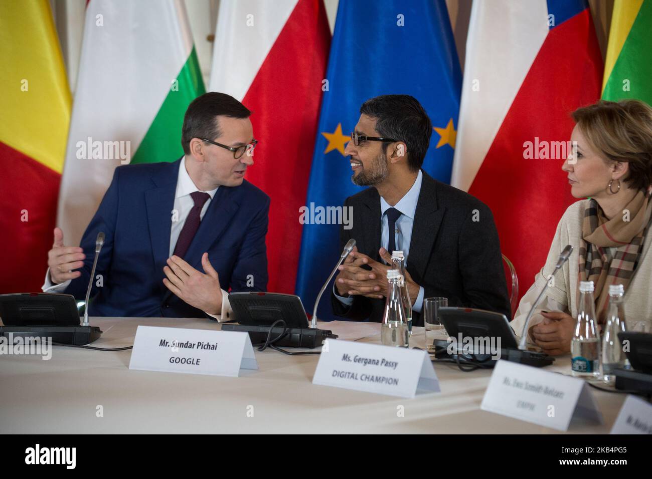 Prime Minister of Poland Mateusz Morawiecki (L) and Google CEO Sundar Pichai (R) during the 'Central and Eastern Europe Innovation Roundtable' at Lazienki Palace in Warsaw, Poland on 21 January 2019 (Photo by Mateusz Wlodarczyk/NurPhoto) Stock Photo
