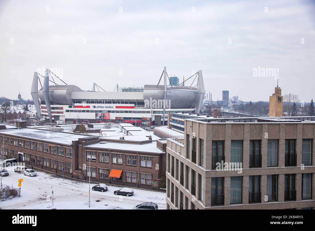 Philips stadium of PSV football team with snow. Snow in Eindhoven city on January 23, 2019 after the snowfall of 22 January, in the Netherlands. (Photo by Nicolas Economou/NurPhoto) Stock Photo