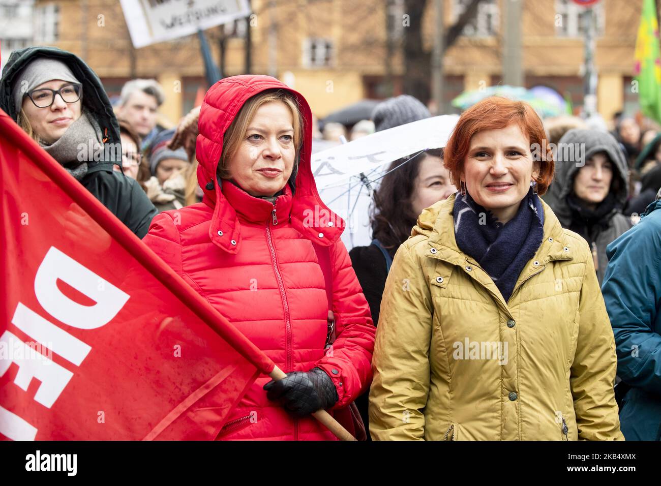 Members of Parliament (Die Linke) Gesine Loetzsch (C-L)and Katja Kipping (C-R) attend a demonstration against law paragraph 219a and in favour of information and self-determination regarding abortion at Rosa-Luxembourg-Platz in Berlin, Germany on January 26, 2019. This article of law prohibits every kind of advertisement of abortion services in Germany. (Photo by Emmanuele Contini/NurPhoto) Stock Photo