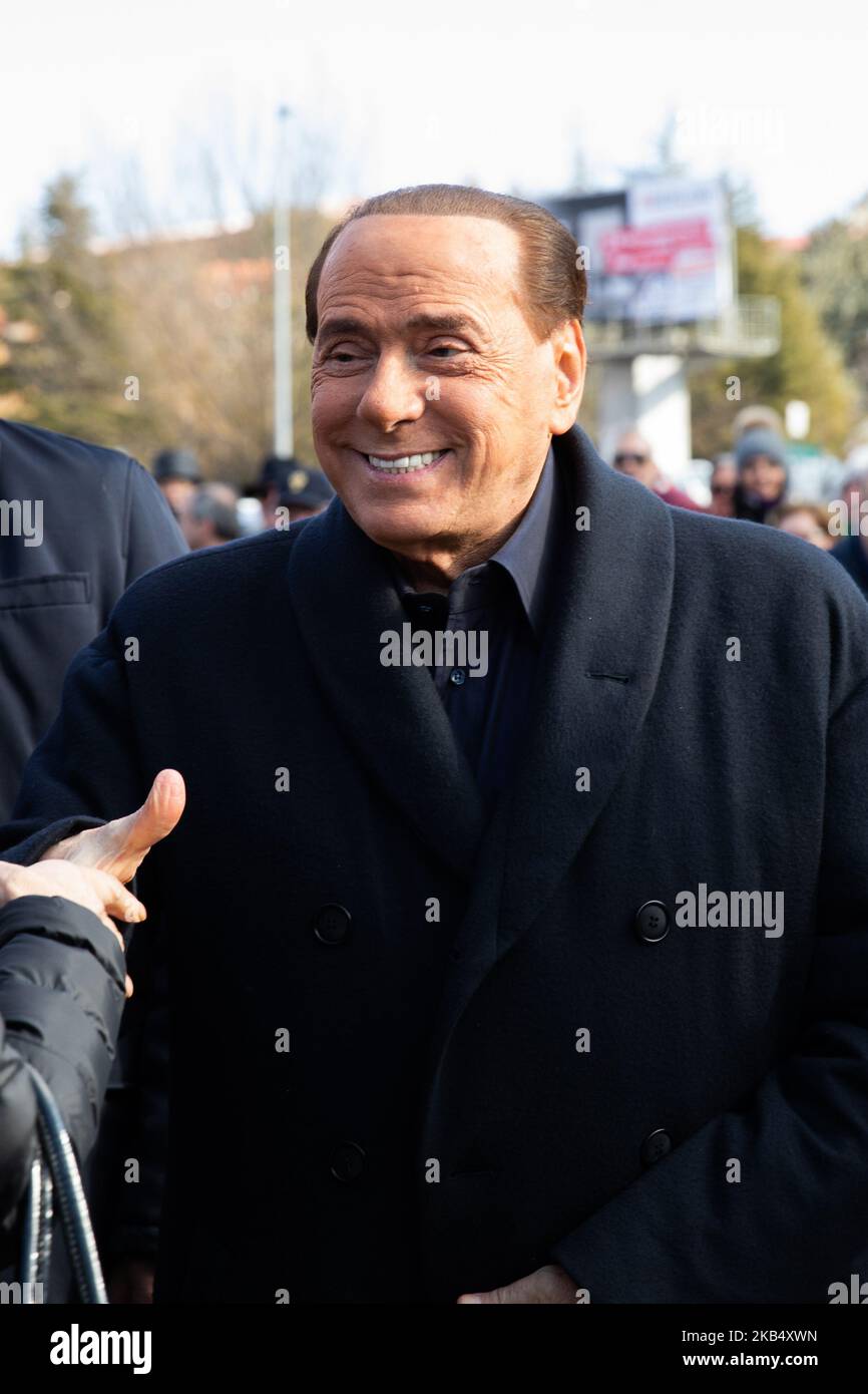 Former Italian premier and leader of centre-right Forza Italia (FI) party Silvio Berlusconi arrives in L'Aquila, Italy, on January 26, 2019. Former Prime Minister of Italy Silvio Berlusconi has visited the city of L'Aquila after 10 years from the 2009 earthquake. Berlusconi said on 17 January he will stand in May's European elections. (Photo by Manuel Romano/NurPhoto) Stock Photo