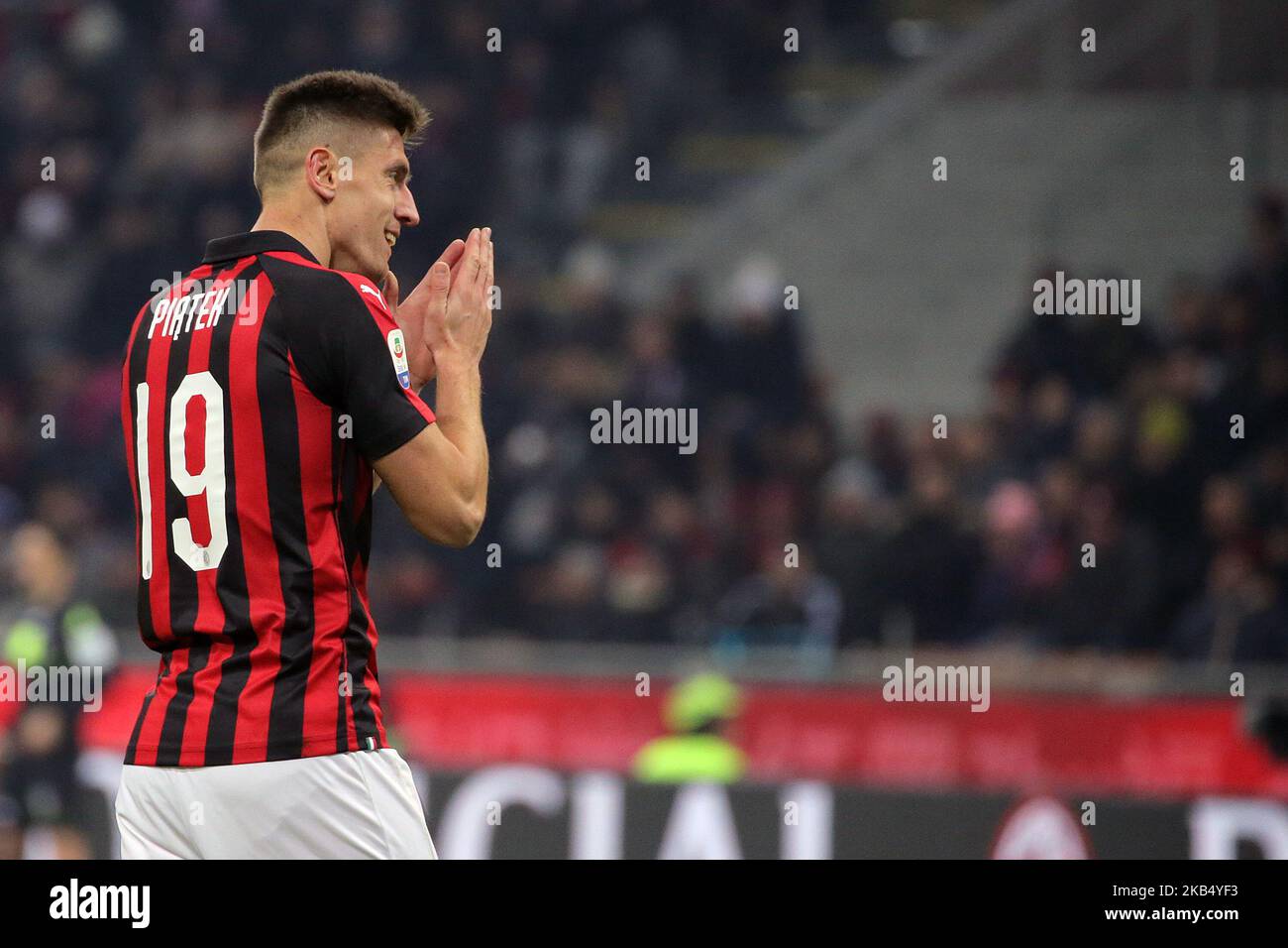 Krzysztof Piatek #19 of AC Milan reacts to a missed chance during the serie A match between AC Milan and SSC Napoli at Stadio Giuseppe Meazza on January 26, 2018 in Milan, Italy. (Photo by Giuseppe Cottini/NurPhoto) Stock Photo
