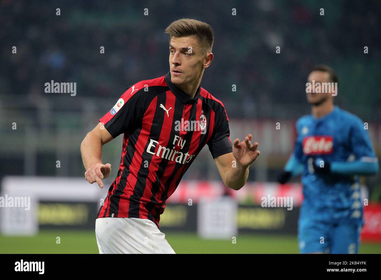 Krzysztof Piatek #19 of AC Milan during the serie A match between AC Milan and SSC Napoli at Stadio Giuseppe Meazza on January 26, 2018 in Milan, Italy. (Photo by Giuseppe Cottini/NurPhoto) Stock Photo