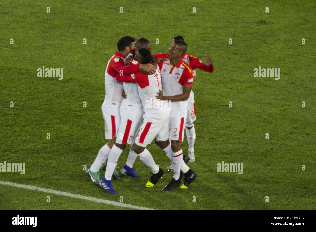 Baldomero Perlaza and players of Independiente Santa Fe celebrate the first goal against Deportivo Pasto during Primera A Colombia match between Santa Fe and Deportivo Pasto at Nemesio Camacho stadium in Bogota, Colombia on January 28, 2019. (Photo by Daniel Garzon Herazo/NurPhoto) Stock Photo