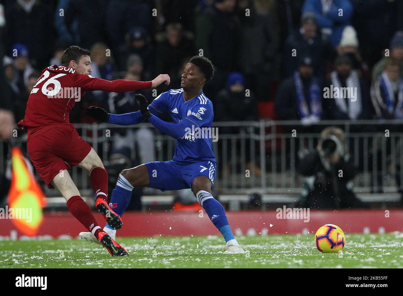 Andrew Robertson of Liverpool and Demarai Gray of Leicester City during the Premier League match between Liverpool and Leicester City at Anfield on January 30, 2019 in Liverpool, United Kingdom.(Photo by MI News/NurPhoto) Stock Photo