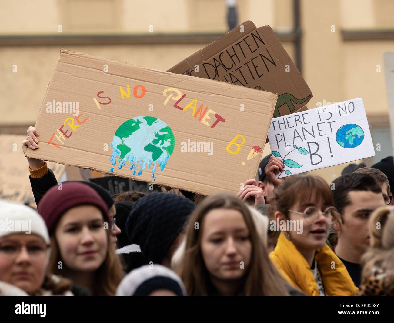 Sign saying ' There is no Planet B! ' with a melting earth. 600 young students protested in the northern Bavarian town of Bamberg against Climate Change and for Climate and environment protection under the Motto Fridays for Future. The 16 years old swedish activist Greta Thunberg started the movement as she doesn't go to school on Fridays and rather than protests in front of the swedish parliament in Stockholm. (Photo by Alexander Pohl/NurPhoto) Stock Photo
