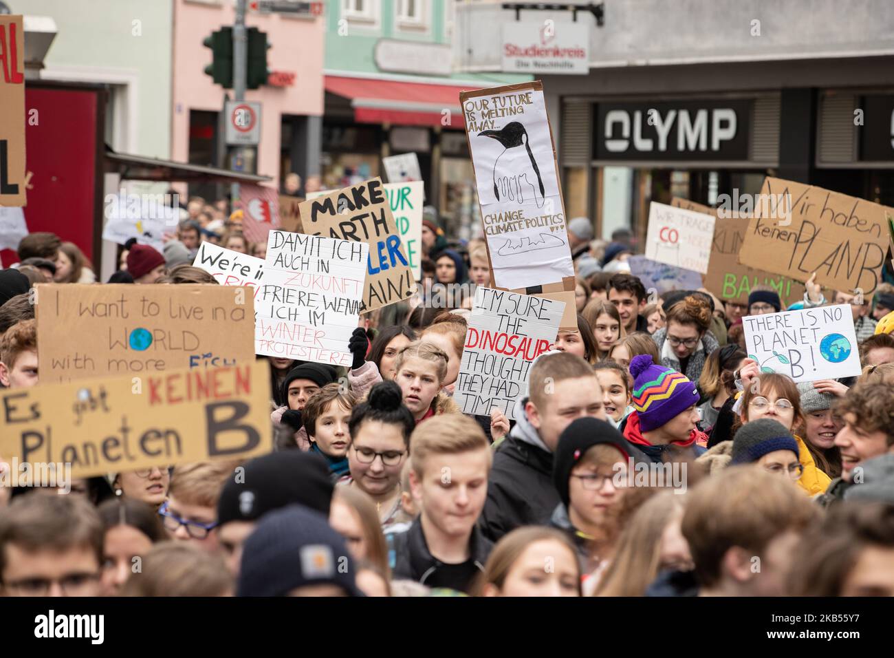 Signs for the protection of the climate and of the animals. 600 young students protested in the northern Bavarian town of Bamberg against Climate Change and for Climate and environment protection under the Motto Fridays for Future. The 16 years old swedish activist Greta Thunberg started the movement as she doesn't go to school on Fridays and rather than protests in front of the swedish parliament in Stockholm. (Photo by Alexander Pohl/NurPhoto) Stock Photo