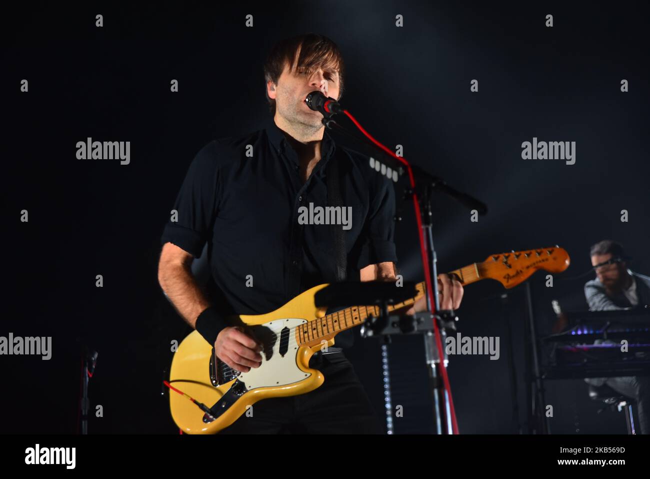 American alternative rock band Death Cab For Cutie perform live at Eventim Apollo in Hammersmith, London on February 1, 2019. The band is composed of Ben Gibbard (vocals, guitar, piano), Nick Harmer (bass), Dave Depper (guitar, keyboards, vocals), Zac Rae (keyboards, guitar), and Jason McGerr (drums) (Photo by Alberto Pezzali/NurPhoto) Stock Photo