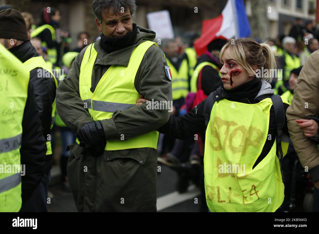 Protesters take part in an anti-government demonstration called by the "gilet  jaune" (yellow vest) movement in Paris, France, on February 2, 2019. The  'Yellow Vest' (Gilets Jaunes) movement in France originally started
