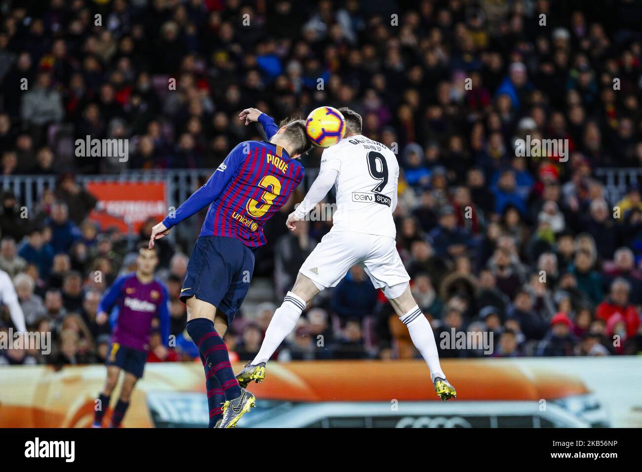 FC Barcelona defender Gerard Pique (3) and Valencia CF forward Kevin Gameiro (9) during the match FC Barcelona against CD Valencia CF, for the round 22 of the Liga Santander, played at Camp Nou on February 2, 2019 in Barcelona, Spain. (Photo by Urbanandsport/NurPhoto) Stock Photo