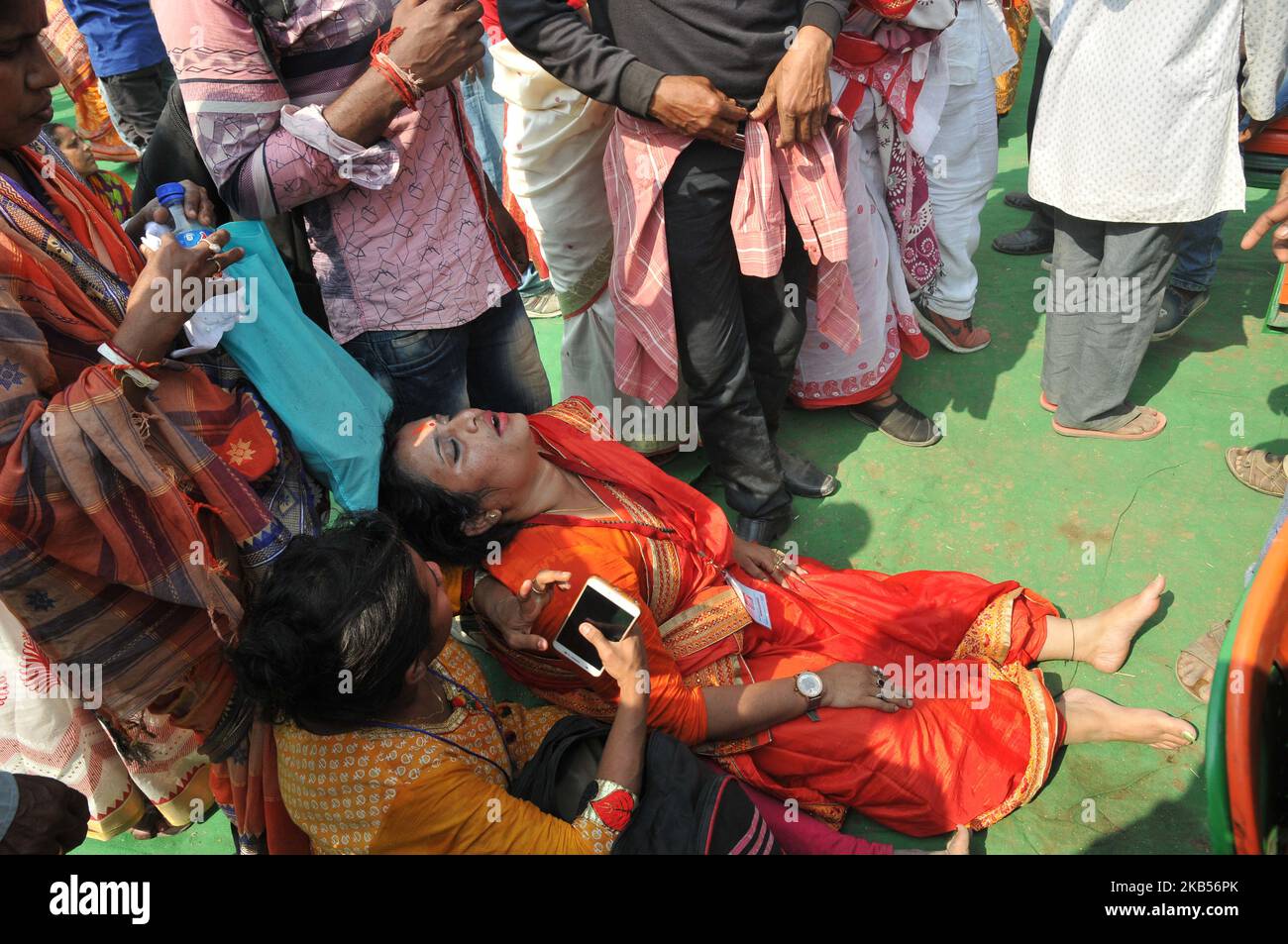 An injured person after a stampede-like situation at a public meeting addressed by Prime Minister Narendra Modi at Thakurnagar in West Bengal on February 2, 2019. Prime Minister Narendra Modi cut short his speech at a rally in North 24 Parganas district on Saturday after a stampede-like situation broke out at the venue in which many people were injured. (Photo by Debajyoti Chakraborty/NurPhoto) Stock Photo