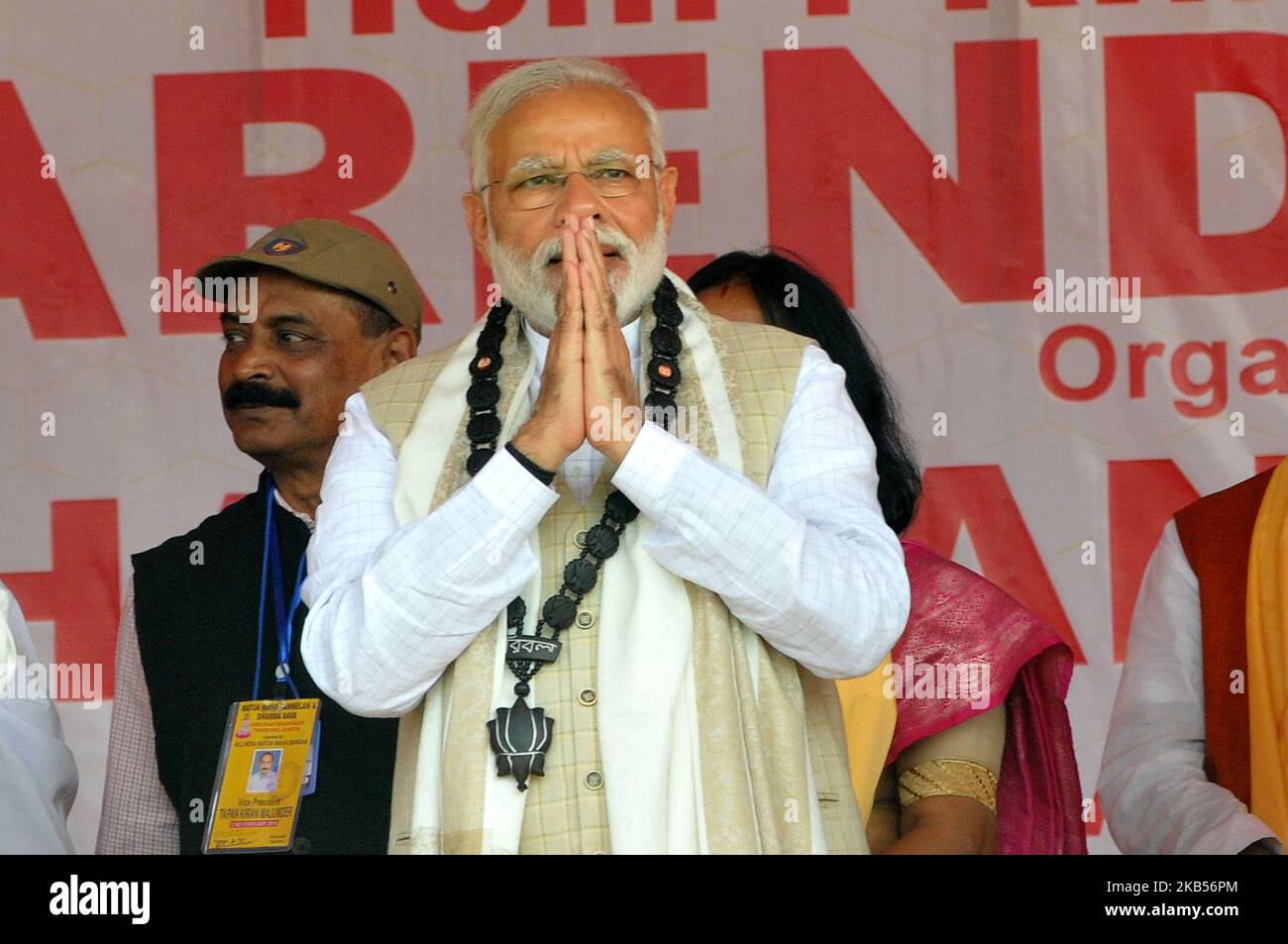 Prime Minister Narendra Modi during a public speaks in North 24 Parganas, on February 2, 2019 in Thakurnagar, India. Prime Minister Narendra Modi cut short his speech at a rally in North 24 Parganas district on Saturday after a stampede-like situation broke out at the venue in which many people were injured. (Photo by Debajyoti Chakraborty/NurPhoto) Stock Photo