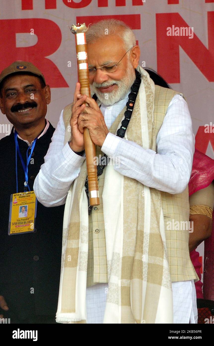 Prime Minister Narendra Modi during a public speaks in North 24 Parganas, on February 2, 2019 in Thakurnagar, India. Prime Minister Narendra Modi cut short his speech at a rally in North 24 Parganas district on Saturday after a stampede-like situation broke out at the venue in which many people were injured. (Photo by Debajyoti Chakraborty/NurPhoto) Stock Photo