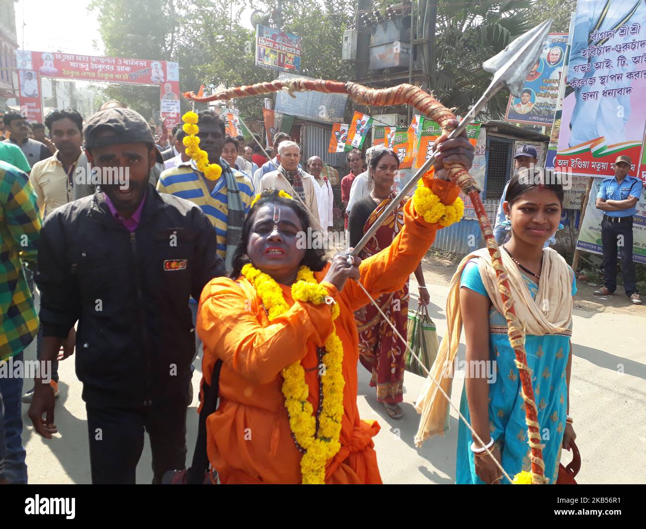 BJP Supporters attend a public meeting of prime Minister Narendra Modi during a public speaks in North 24 Parganas, Thakurnagar, India on February 2, 2019. Prime Minister Narendra Modi cut short his speech at a rally in North 24 Parganas district on Saturday after a stampede-like situation broke out at the venue in which many people were injured. (Photo by Debajyoti Chakraborty/NurPhoto) Stock Photo