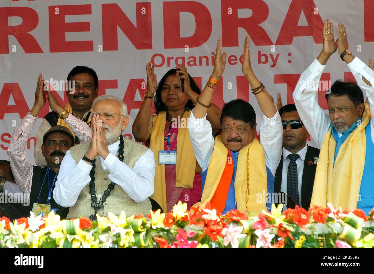 Prime Minister Narendra Modi during a public speaks in North 24 Parganas, on February 2, 2019 in Thakurnagar, India. Prime Minister Narendra Modi cut short his speech at a rally in North 24 Parganas district on Saturday after a stampede-like situation broke out at the venue in which many people were injured. (Photo by Debajyoti Chakraborty/NurPhoto) Stock Photo