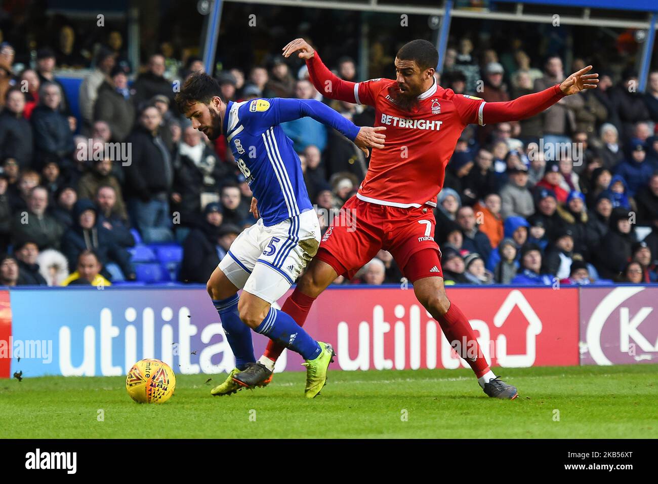 Birmingham City Defender Maxime Colin (5) holds off Lewis Grabban (7) of Nottingham Forest during the Sky Bet Championship match between Birmingham City and Nottingham Forest at St Andrews in Birmingham, UK on Saturday February 2, 2019. (Photo by MI News/NurPhoto) Stock Photo