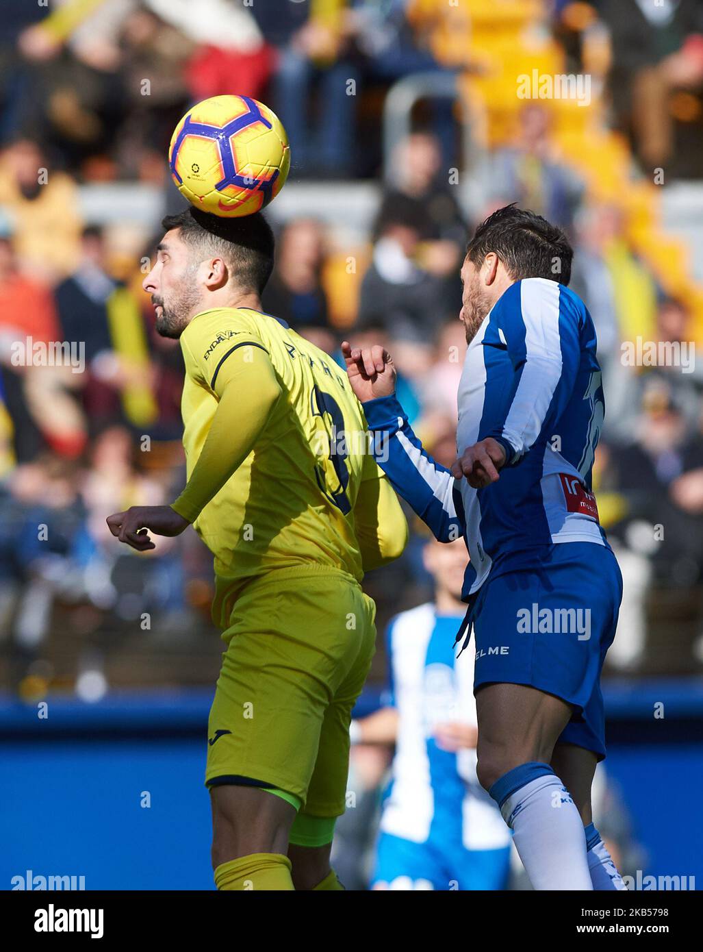 Alvaro Gonzalez of Villarreal and Pablo Piatti of RCD Espanyol during the La Liga match between Villarreal and Espanyol at Estadio de la Ceramica on February 3, 2019 in Vila-real, Spain. (Photo by Maria Jose Segovia/NurPhoto) Stock Photo