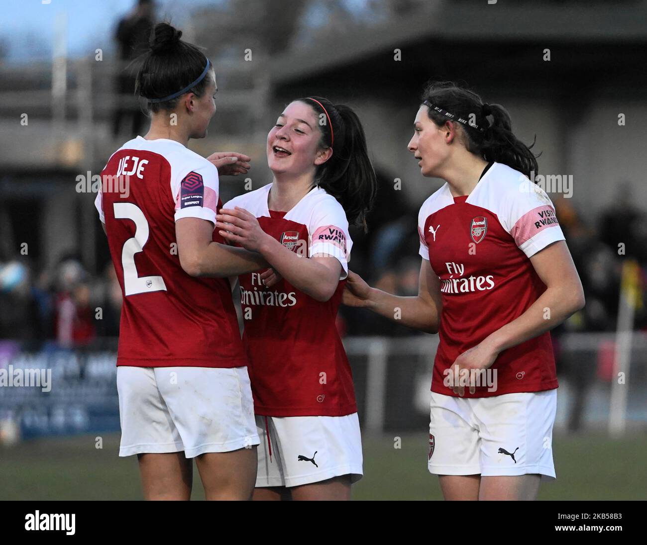 Katrine Veje, Melisa Filis and Ruby Grant celebrate the goal during the SSE Women's FA Cup football match between Crawley Wasps Ladies and Arsenal Women at Oakwood FC on January 3, 2019 in Crawley, England. (Photo by Action Foto Sport/NurPhoto) Stock Photo