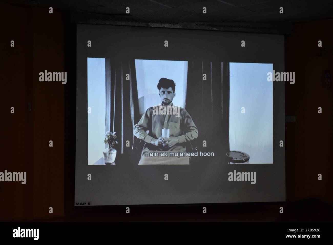 A confessional video of a Lashkar-e-Taiba rebel being played during a press conference by the Indian army and the police in Srinagar on 4 September 2019. Indian Army claimed to have arrested two 'Pakistan Based' rebels after they had infiltrated into valley. (Photo by Muzamil Mattoo/NurPhoto) Stock Photo