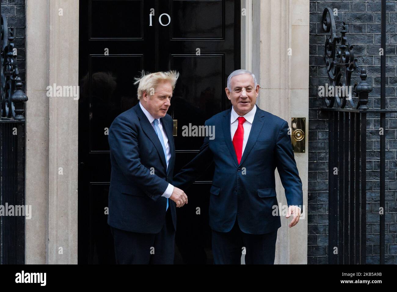 Israeli Prime Minister Benjamin Netanyahu (R) arrives in 10 Downing Street for talks with British Prime Minister Boris Johnson (L) on 05 September 2019 in London, England. The meeting is set to focus on discussing tensions in the Middle East and Iran's influence in the region. (Photo by WIktor Szymanowicz/NurPhoto) Stock Photo