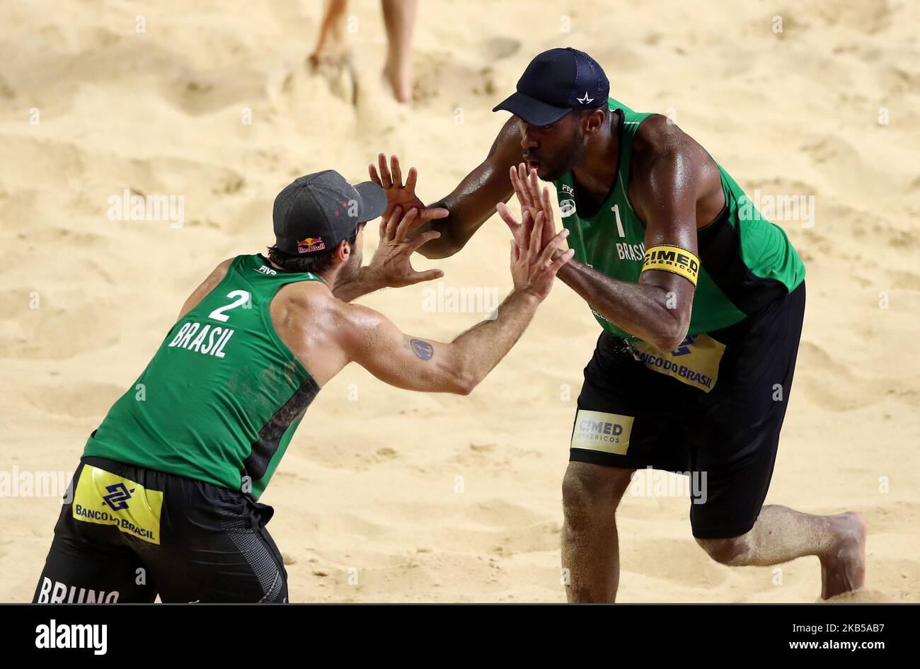 Evandro Goncalves and Bruno Oscar Schmidt (BRA) celebrate during the Beach Volley Rome World Tour Finals Main Draw Pool G match at the Foro Italico in Rome, Italy on September 5, 2019 (Photo by Matteo Ciambelli/NurPhoto) Stock Photo