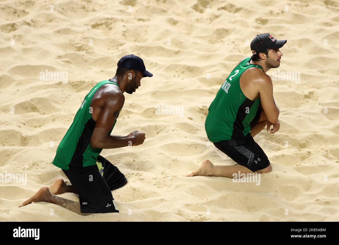 Evandro Goncalves and Bruno Oscar Schmidt (BRA) celebrate during the Beach Volley Rome World Tour Finals Main Draw Pool G match at the Foro Italico in Rome, Italy on September 5, 2019 (Photo by Matteo Ciambelli/NurPhoto) Stock Photo