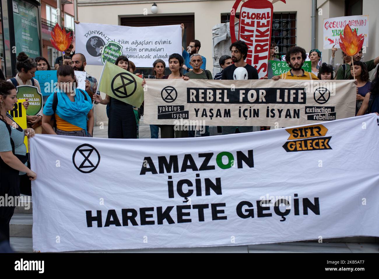 The fire in the Amazon rainforest lead to worldwide protests over Brazilian government inaction. On September 5, 2019, several environmentalist organizations made a call for a demonstration in Istanbul. Their main slogan was ''Take action for the Amazon''. The crowd also carried signs that pointed out the deforestation in Northern Forests in Turkey. (Photo by Erhan Demirtas/NurPhoto) Stock Photo