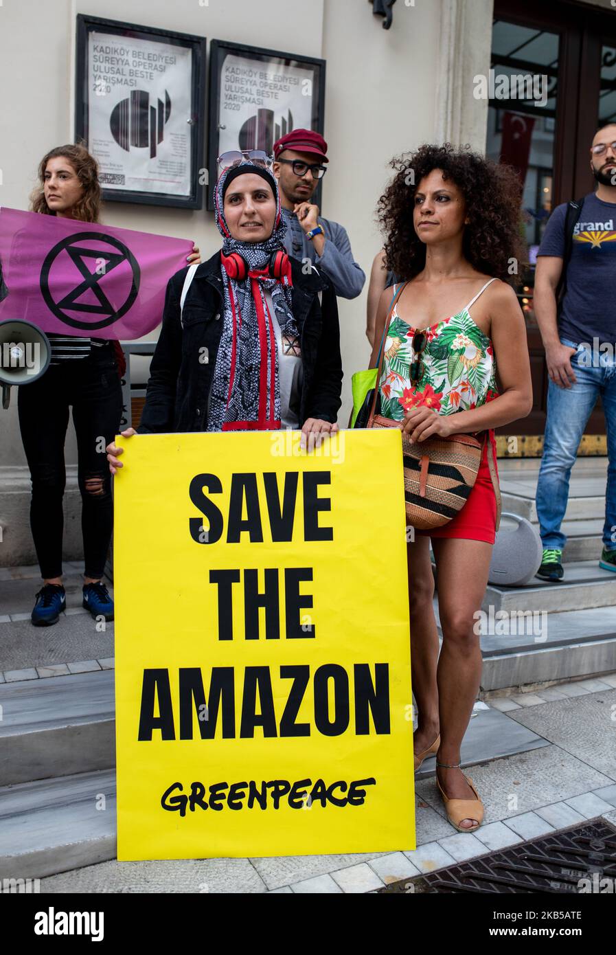 The fire in the Amazon rainforest lead to worldwide protests over Brazilian government inaction. On September 5, 2019, several environmentalist organizations made a call for a demonstration in Istanbul. Their main slogan was ''Take action for the Amazon''. The crowd also carried signs that pointed out the deforestation in Northern Forests in Turkey. (Photo by Erhan Demirtas/NurPhoto) Stock Photo