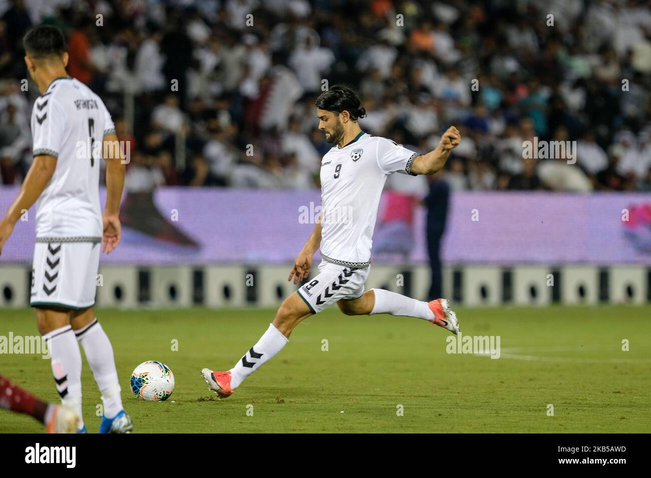 Jabar Sharza takes a free kick in the World Cup Qualifiers on 5 September 2019 at the Jassim Bin Hamad Stadium, Doha, Qatar. (Photo by Simon Holmes/NurPhoto) Stock Photo