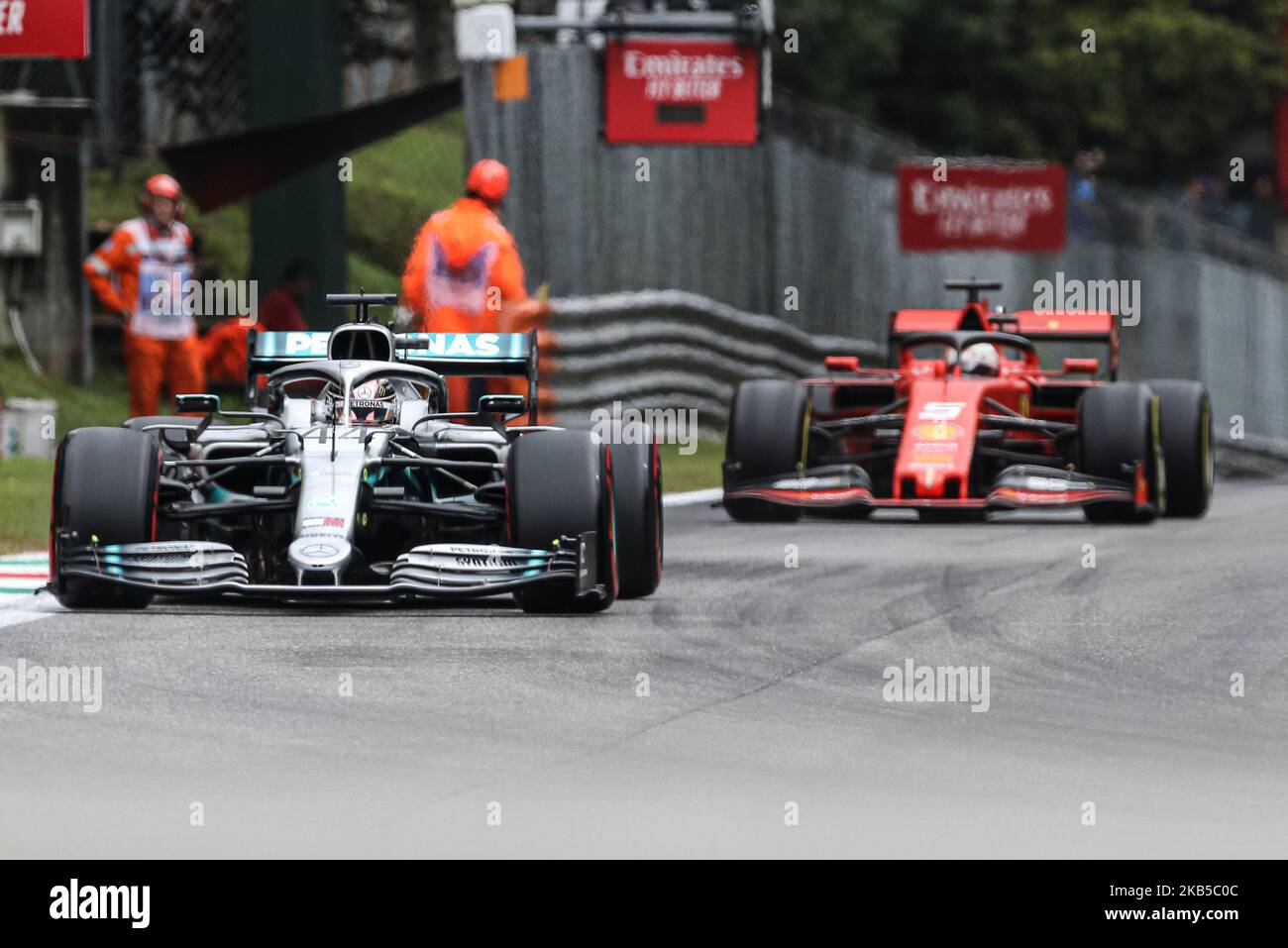 Lewis Hamilton driving the (44) Mercedes AMG Petronas Motorsport and Sebastian Vettel driving the (5) Scuderia Ferrari Mission Winnow on track during practice for the Formula One Grand Prix of Italy at Autodromo di Monza on September 6, 2019 in Monza, Italy. (Photo by Emmanuele Ciancaglini/NurPhoto) Stock Photo