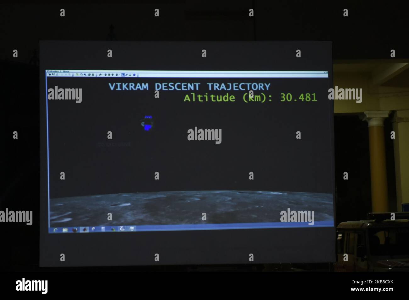 In Kolkata, India, 07 September, 2019, live streaming screen can be seen of Chandrayaan2 landing on the lunar surface. According to ISRO (Indian Space Research Organisation), Vikram Lander was as planned and normal performance was observed upto an altitude of 2.1km. After few minutes, communication from lander to the ground stations was lost. (Photo by Indranil Aditya/NurPhoto) Stock Photo
