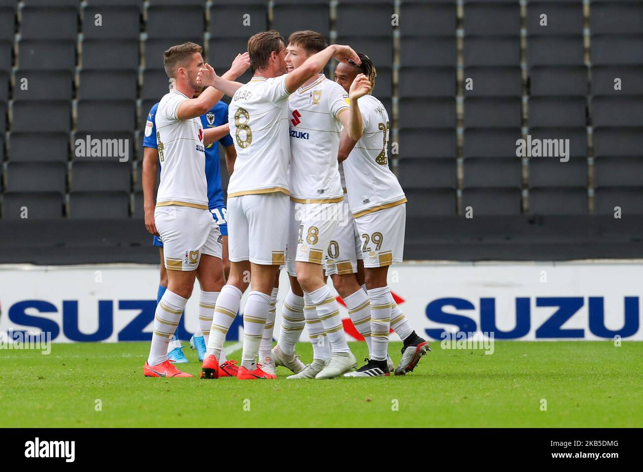 Rhys Healey celebrates after scoring for MK Dons, to extend their lead making it 2 - 0 against AFC Wimbledon, during the Sky Bet League 1 match between MK Dons and AFC Wimbledon at Stadium MK, Milton Keynes on Saturday 7th September 2019. (Photo by John Cripps/ MI News/NurPhoto) Stock Photo