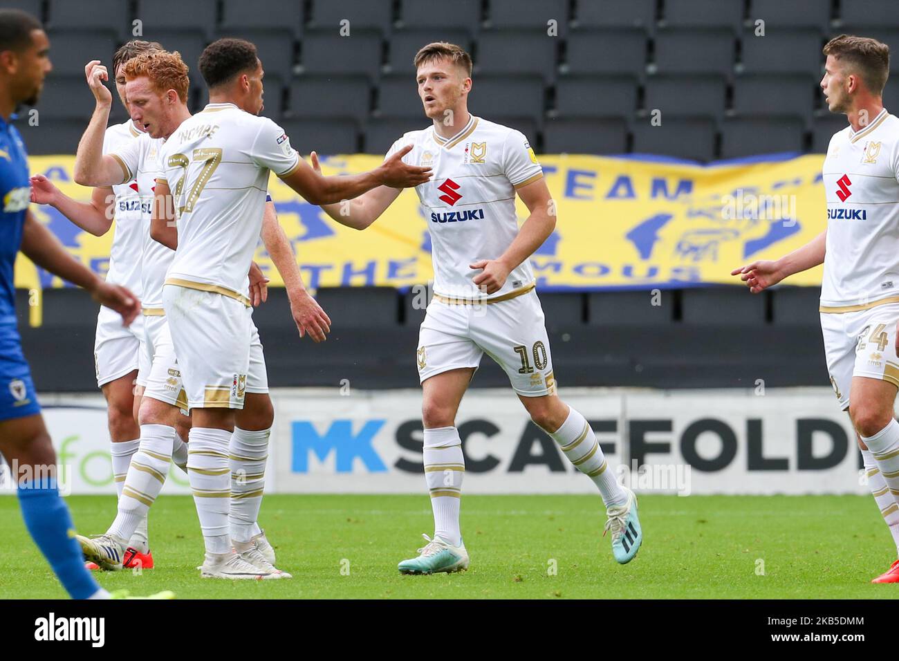 Rhys Healey celebrates after scoring for MK Dons, to extend their lead making it 2 - 0 against AFC Wimbledon, during the Sky Bet League 1 match between MK Dons and AFC Wimbledon at Stadium MK, Milton Keynes on Saturday 7th September 2019. (Photo by John Cripps/ MI News/NurPhoto) Stock Photo