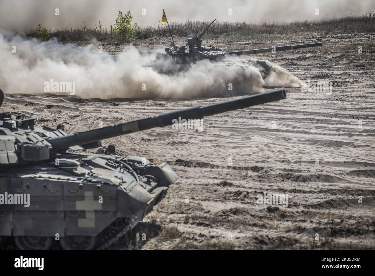 The tactical training for the tank forces of the Ukrainian Army performs at the proving grounds in Honcharivske, Chernihiv Oblast, Ukraine, on September 7, 2019. During the technical demonstration of the tanks, the units were firing with live ammunition and showed the practical use of the anti-tank missiles. Based on the training results, the best tank units were awarded the trophies and the diplomas. (Photo by Oleksandr Rupeta/NurPhoto) Stock Photo