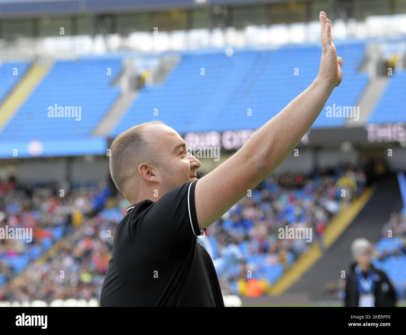 Manchester City manager Nick Cushing during English FA Women's Super League match between Manchester City and Manchester United at City of Manchester Stadium, Manchester England on 07 September 2019. (Photo by Action Foto Sport/NurPhoto) Stock Photo