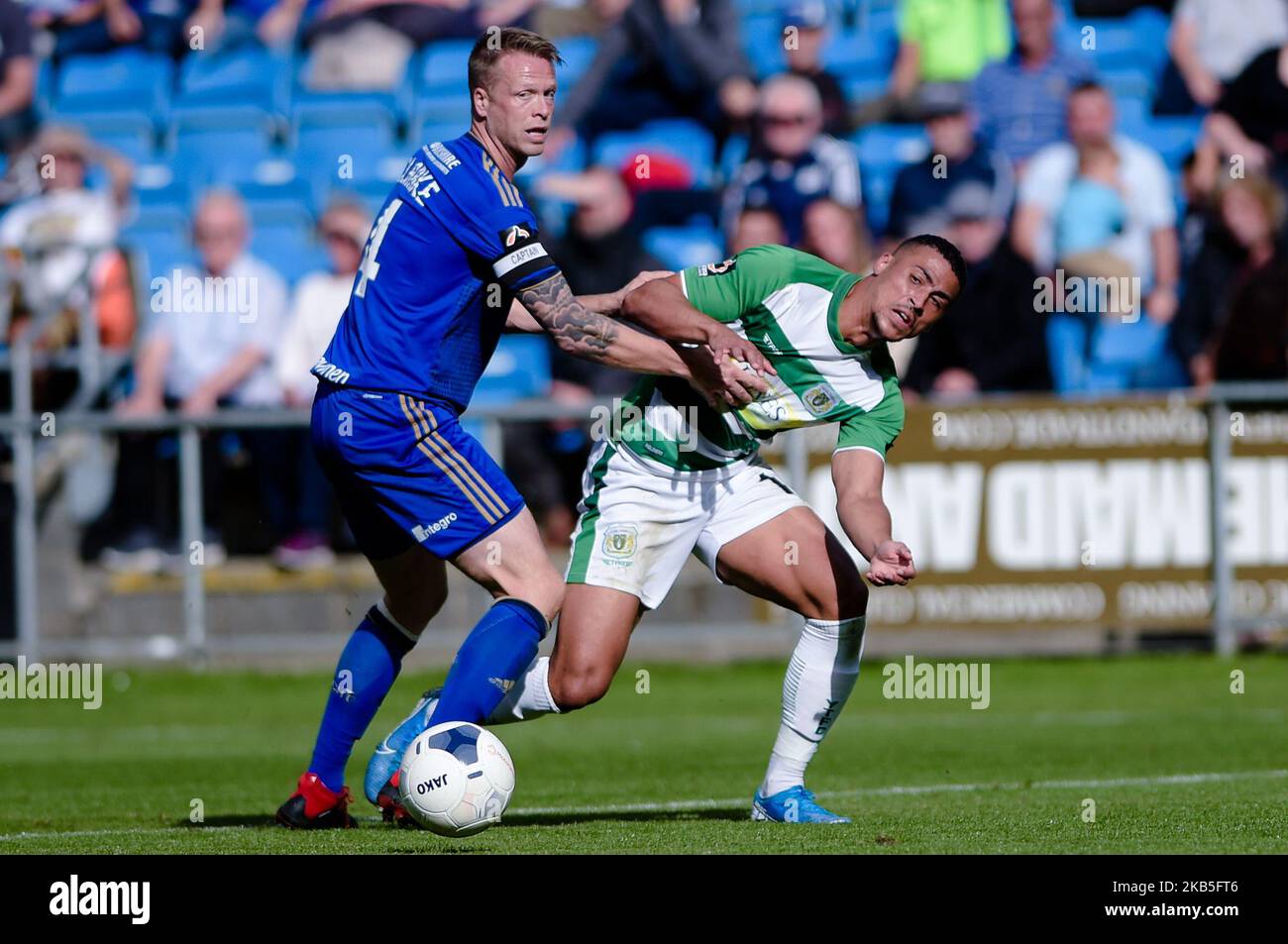 FC Halifax Town defender Nathan Clarke and Yeovil Town forward Courtney Duffus during the Vanarama National League match between FC Halifax Town and Yeovil Town at The Shay, Halifax on Saturday 7th September 2019. (Photo by Andy Whitehead/MI News/NurPhoto) Stock Photo