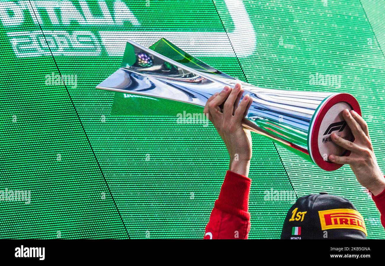 Charles Leclerc of Monaco celebrates his victory on the podium at Formula 1 Gran Premio Heineken Italy on Sept 08, 2019 in Monza, Italy. (Photo by Robert Szaniszlo/NurPhoto) Stock Photo