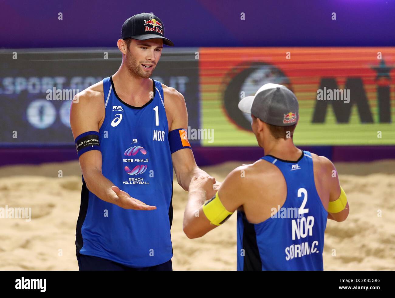 Anders Bernsten Mol and Christian Sandlie Sorum (NOR) celebrate at the end of the 3rd place final match at Beach Volley Rome World Tour Finals. Foro Italico in Rome, Italy on September 8, 2019 (Photo by Matteo Ciambelli/NurPhoto) Stock Photo